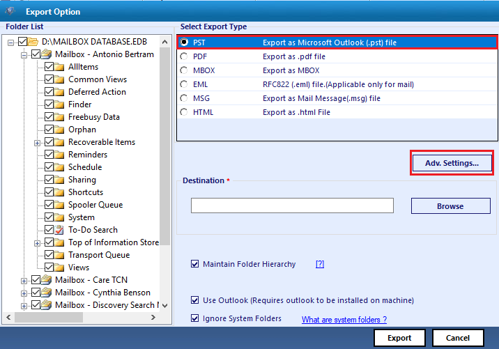 Export EDB Mailbox to PST